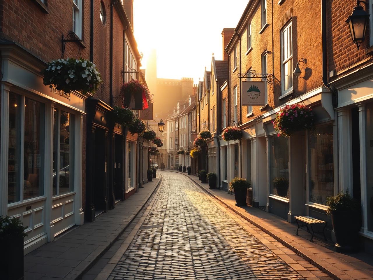 A charming South East England high street at golden hour